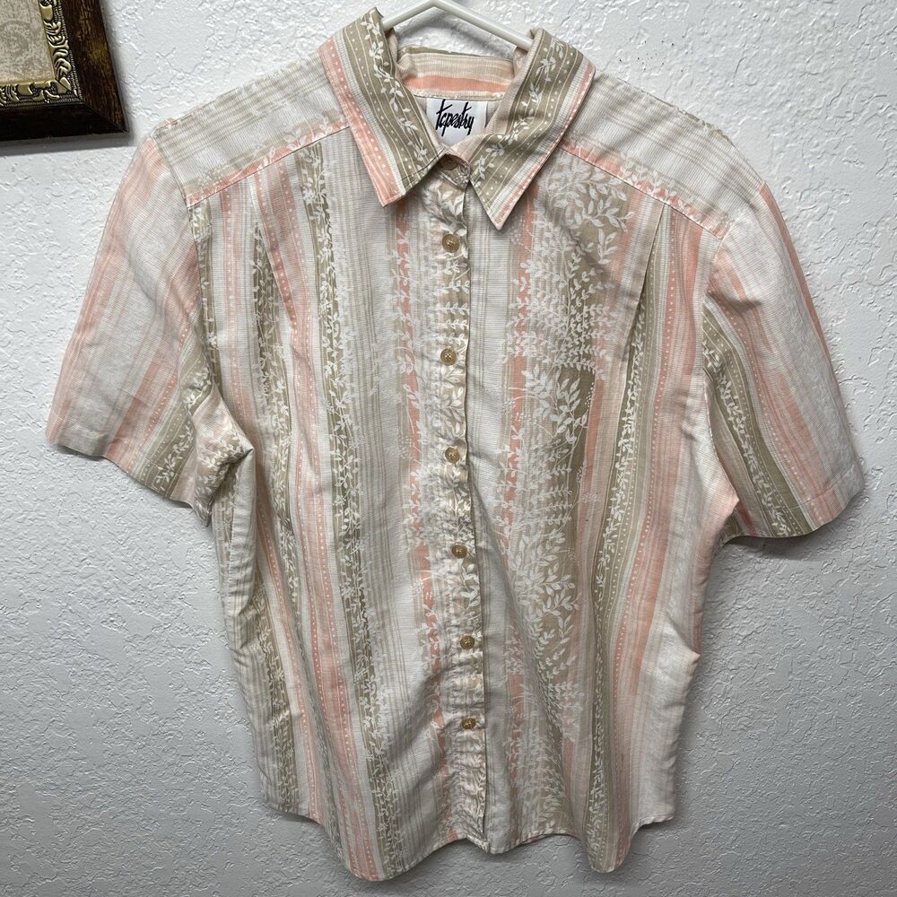 VTG Tapestry Med. Short Sleeve Button Up Blouse Pink Brown Cream Stripe, Stained